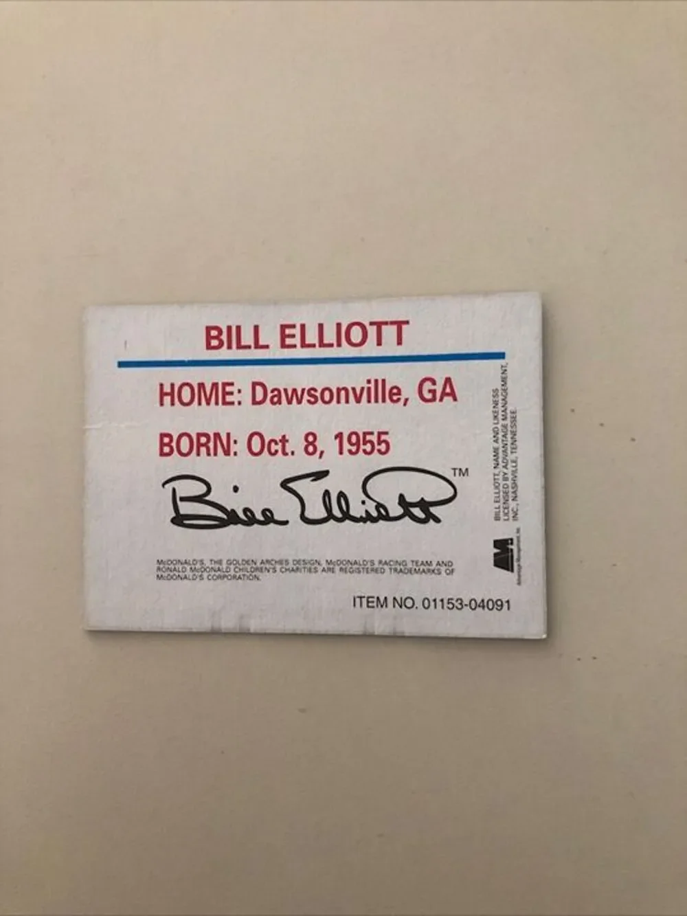 Bill‎ Elliott Signed Vintage McDonalds Promo Trading Card Rare Plus Ron Barfield